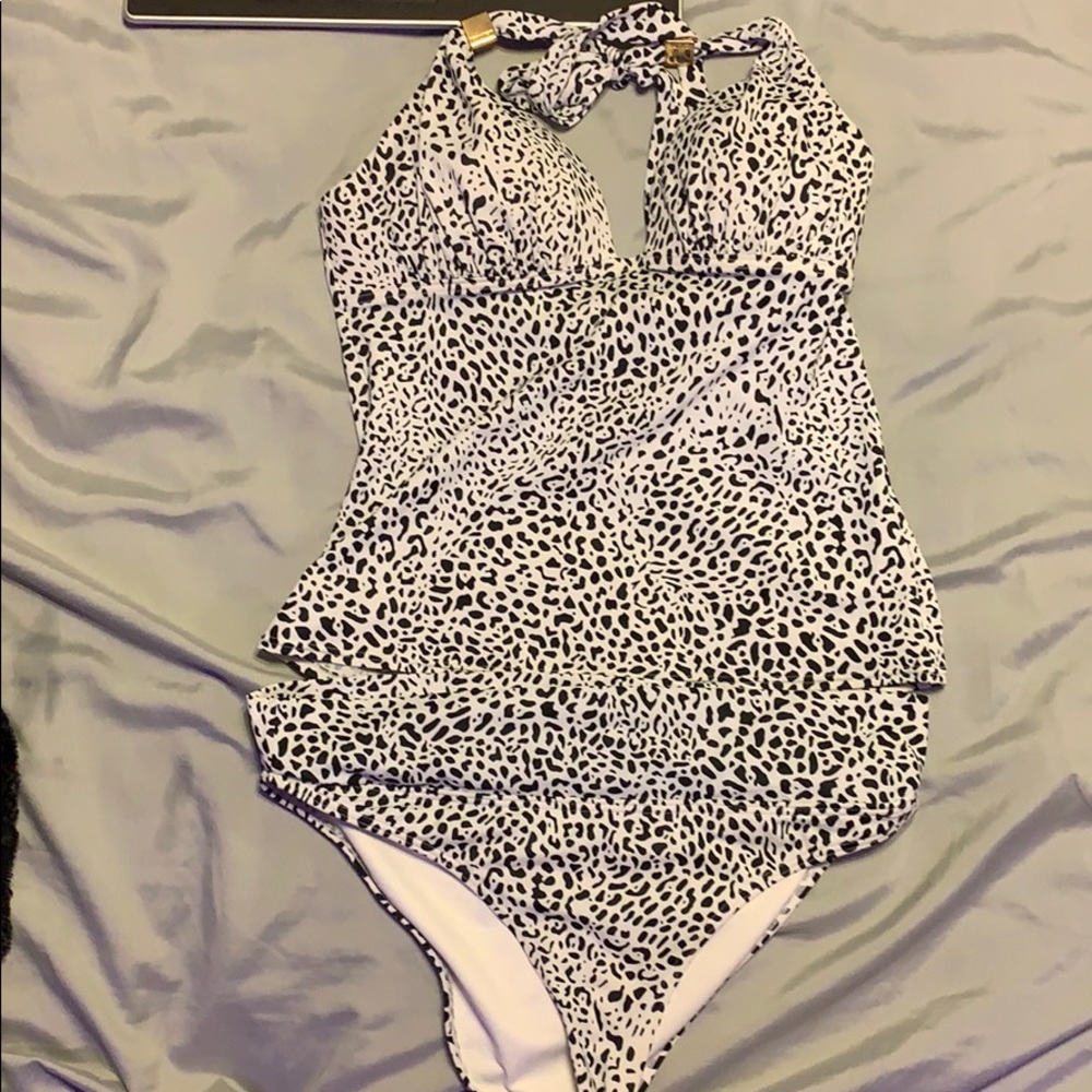 White and black leopard print tankini.